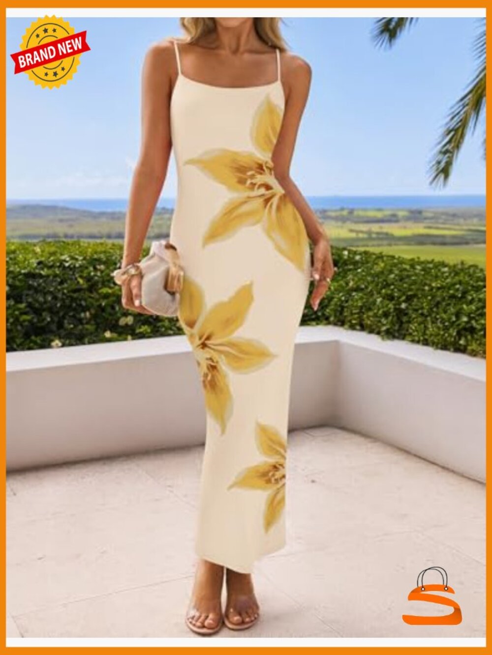 Women's Bodycon Maxi Dress Floral Spaghetti Strap Sleeveless Square Neck - Picture 4 of 7